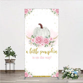 Lofaris A Little Pumpkin is on the Way Rectangle Backdrop Pink Floral and Gold Glitter Girl Baby Shower Party Decor